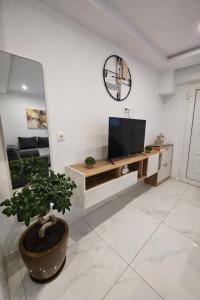 a living room with a tv and a large clock on the wall at BAS Garden Apartment Paralia in Paralia Katerinis