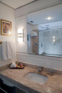 uma casa de banho com um lavatório e um espelho grande em Radisson Alphaville em Barueri