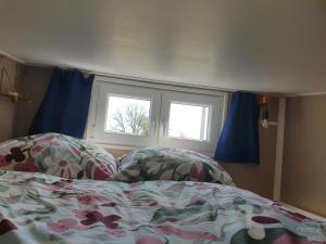 a bedroom with a bed and two windows at Tinyhouse Rhön-Saale in Wülfershausen