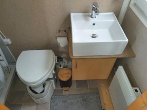 a bathroom with a white sink and a toilet at Tinyhouse Rhön-Saale in Wülfershausen
