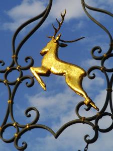 a golden deer head on a metal gate at Gasthaus zum Hirsch Hotel - Restaurant in Weier