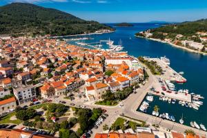 an aerial view of a town with a harbor at Apartman Ana Lotre in Vela Luka