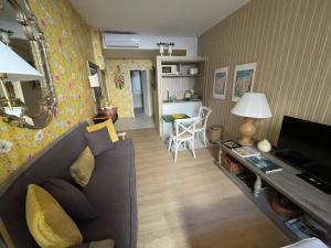 a living room with a couch and a television at La Maison du Frene in Vence