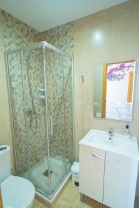 a bathroom with a shower and a sink and a toilet at Piso La Buganvilla in Bailén +10 photos