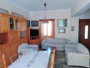 ein Wohnzimmer mit Sofa und Tisch in der Unterkunft Eleni's house in Masouri