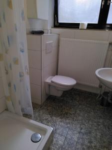 ein Badezimmer mit Toilette und Waschbecken in der Unterkunft Zimmer 13 in Gomadingen
