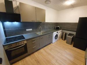 a kitchen with a stove and a sink and a dishwasher at Boardinghouse-Aparthotel mit Parkplatz Küche WIFI in Bielefeld