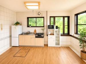 a kitchen with a refrigerator and a sink at Villa Amoria in Miyazaki