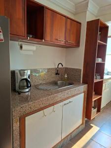 a kitchen with a sink and wooden cabinets at Monica Place in Abidjan