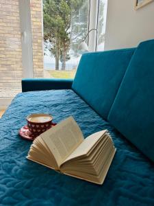 an open book and a cup of coffee on a blue couch at Apartament Vespa in Mechelinki