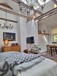 a bedroom with a bed and a tv and a table at Studio Nałęczów in Nałęczów