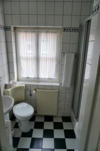 a bathroom with a toilet and a window and a sink at Hotel zum Freiheiter Hof in Raesfeld