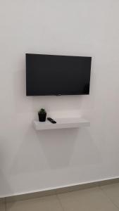 a flat screen tv on a white wall with a plant at Gopeng Tiny House CUCHU in Gopeng