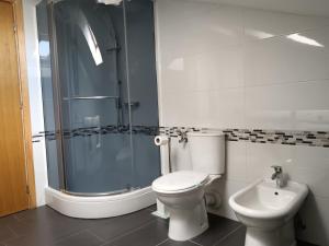 a bathroom with a toilet and a shower and a sink at Mirni krov in Dražice