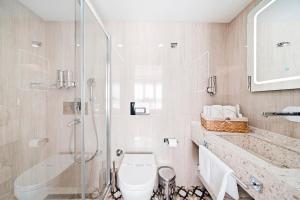 a bathroom with a toilet and a glass shower at Taksim Artelist Hotel in Istanbul +69 photos