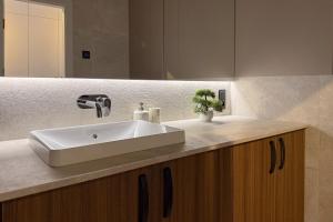 a bathroom counter with a sink and a mirror at NIDO Park view in Daugavpils +11 photos