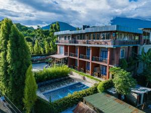 an aerial view of a building with a swimming pool at Zondela House in Nkoanrua