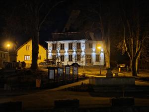 a white house with lights on it at night at hostINNec in Dolní Dvořiště