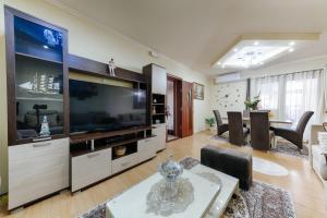 a living room with a large flat screen tv at Studio Apartments S in Dobra Voda