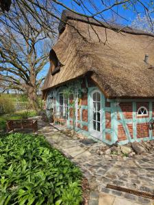 a house with a thatched roof with a bench in front at Appartment Casa Verde in Lübberstedt