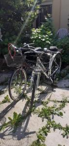 a bike with a basket parked on a sidewalk at La Residence da Caterina in Vittorio Veneto