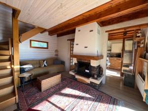a living room with a couch and a fireplace at Chalet confort avec cheminée in Camprieu