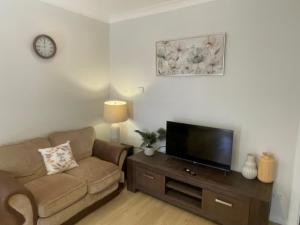 a living room with a couch and a flat screen tv at Easy Wagga Stopover, Spacious & Comfortable in Forest Hill