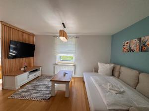 a living room with a couch and a flat screen tv at Landhaus Buckow in Buckow
