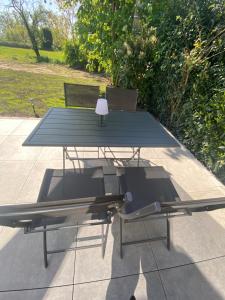 a picnic table with two chairs and a lamp on it at Au loft, micro maison vue sur prairie in Rohrwiller