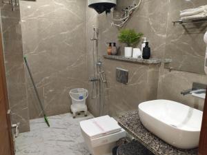a bathroom with a shower and a sink and a toilet at Gianmala Residency South Ex New Delhi in New Delhi