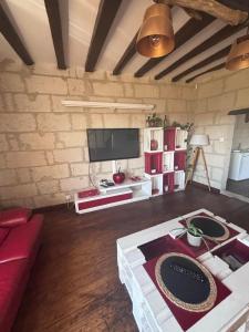 a living room with a red couch and a tv at maison de loire in Villebernier