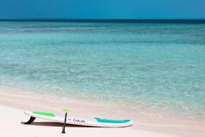 a surfboard is sitting on the sand on the beach at Arrival Beach and Spa in Gulhi +118 photos