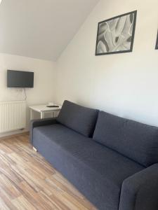 a blue couch in a living room with a tv at Pokoje Gościnne Akwatel in Jastarnia