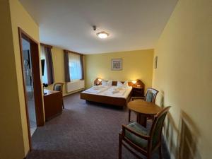 a hotel room with a bed and a table at Naturhotel Lindenhof in Rechenberg-Bienenmühle +25 photos