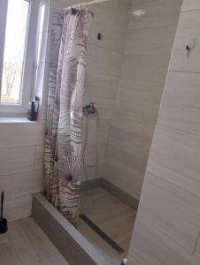 a shower with a shower curtain in a bathroom at Hostel Pod Lasem in Altanka