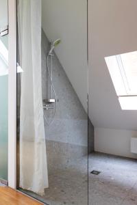 a shower in a bathroom with a glass door at Viktoria Guesthouse in Westerlo +40 photos