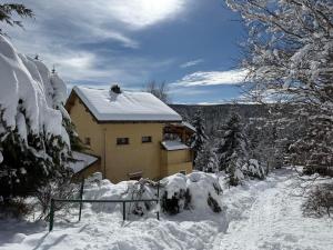 a house covered in snow with snow covered trees at Chalet confort avec cheminée in Camprieu