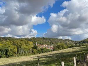 a field with a village in the distance at Cense des Possibles, Forêt et Prairie in Darcey +7 photos