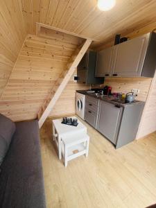 a kitchen and a living room in a tiny house at Liepų namelis - Linden Shore in Miroslavas