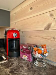 a counter with a coffee maker and a bowl of food at Liepų namelis - Linden Shore in Miroslavas