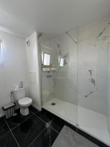 a white bathroom with a shower and a toilet at T2 cosy proche Versailles in Trappes