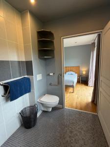 a bathroom with a toilet and a bedroom at Gite Ô pré in Beaubec-la-Rosière