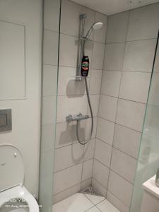 a bathroom with a shower and a toilet at Nordic Sleep Spot in Glostrup
