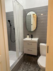 a bathroom with a toilet and a sink and a mirror at K14 Stay 1 in Riga