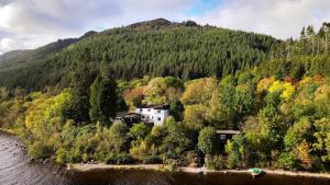 a house on a hill next to a body of water at Loch Ness Lochside Hostel - Over 16s Only in Invermoriston