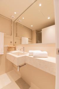 a bathroom with a sink and a mirror at Hotel Roca Plana in L'Ampolla
