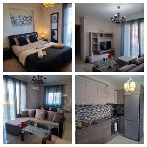 four different pictures of a bedroom and a living room at Romantic Sparta Hideaway in Sparta
