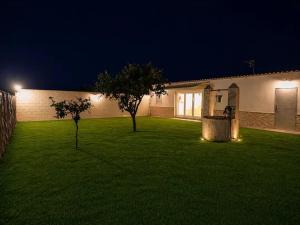 a yard with two trees and a building at night at La Rocina in Sanlúcar de Barrameda
