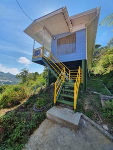 a blue house with a staircase leading up to it at D' Limbai Cottage in Ranau