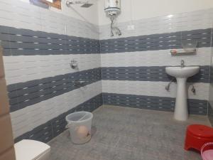 a bathroom with a sink and a toilet at Dholadhar Hotel & Restaurant in Barot 